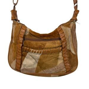 Brown Suede Leather Patchwork Purse Vintage Shoulder Bag 80s 90s Boho Festival